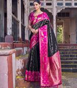Black soft silk woven saree with blouse