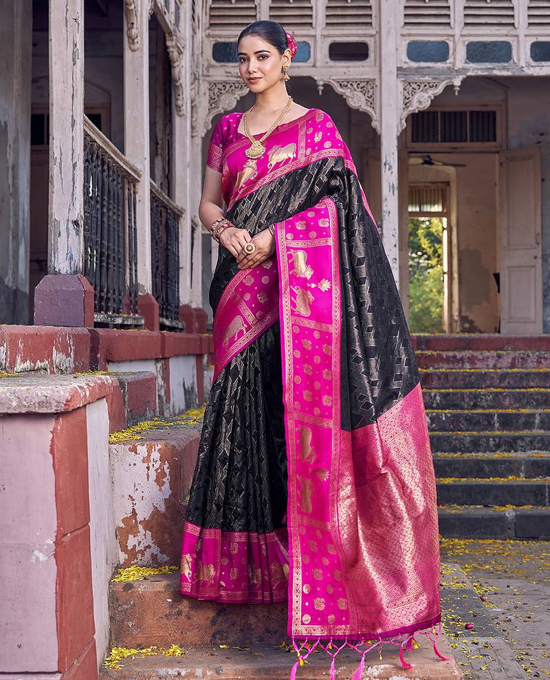 Black soft silk woven saree with blouse