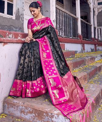 Black soft silk woven saree with blouse 3