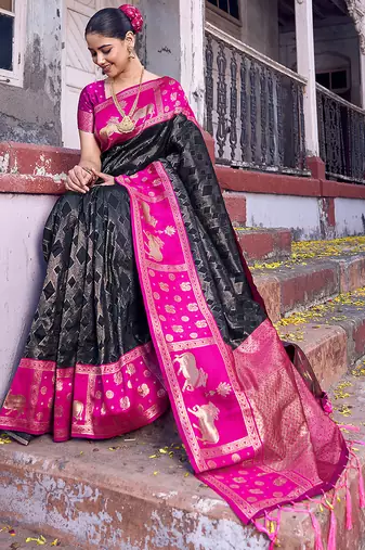Black soft silk woven saree with blouse