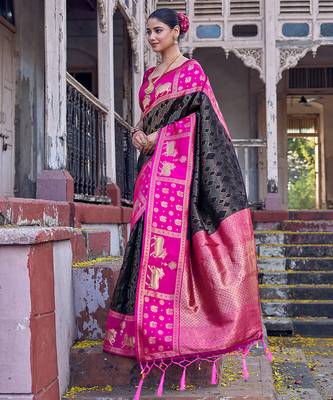 Black soft silk woven saree with blouse 4