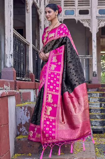 Black soft silk woven saree with blouse