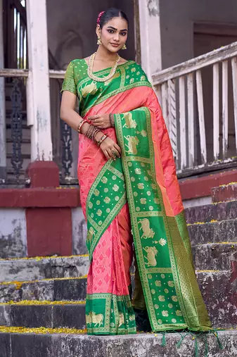 Coral soft silk woven saree with blouse