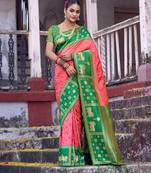 Coral soft silk woven saree with blouse