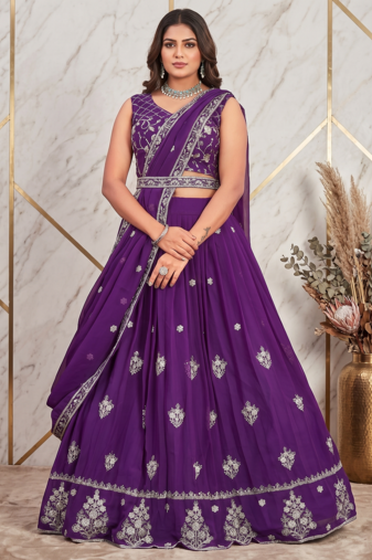 Purple sequins and thread embroidered georgette lehenga choli