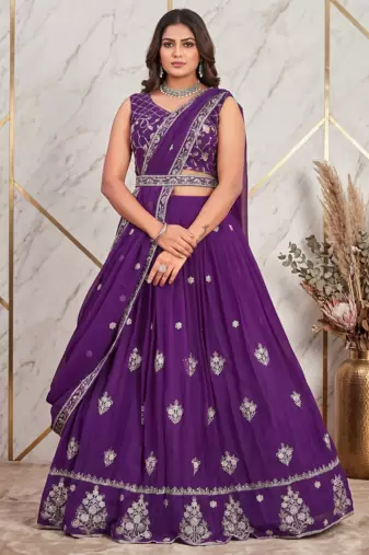 Purple sequins and thread embroidered georgette lehenga choli