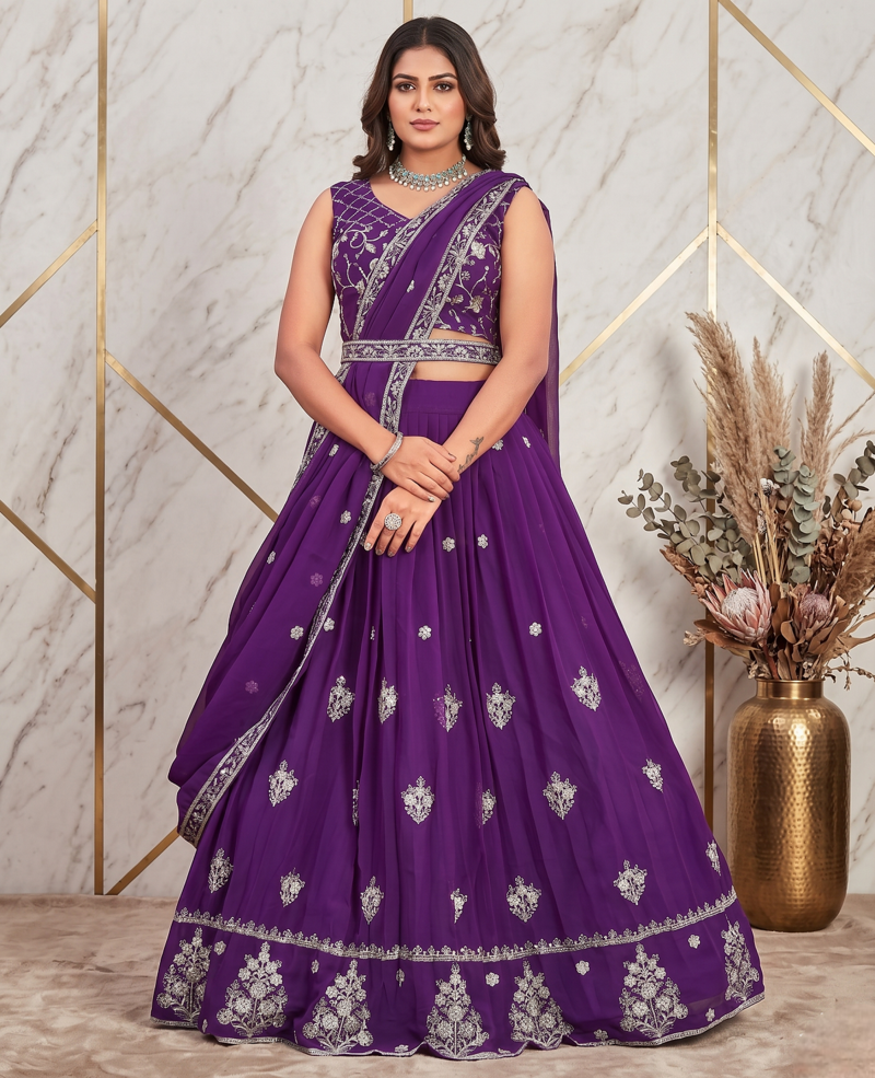 Purple sequins and thread embroidered georgette lehenga choli