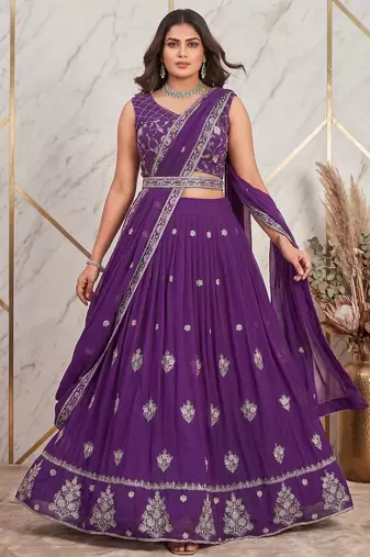 Purple sequins and thread embroidered georgette lehenga choli