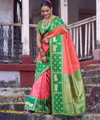 Coral soft silk woven saree with blouse 2