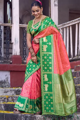 Coral soft silk woven saree with blouse