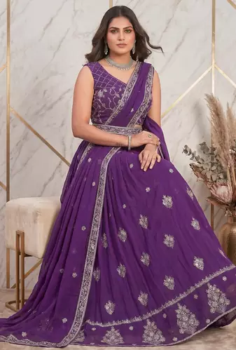 Purple sequins and thread embroidered georgette lehenga choli