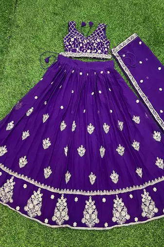 Purple sequins and thread embroidered georgette lehenga choli