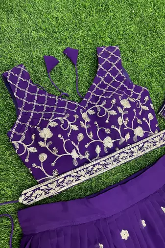 Purple sequins and thread embroidered georgette lehenga choli