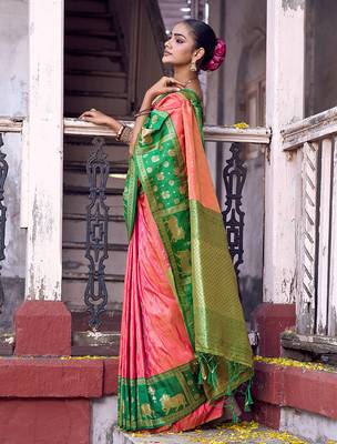 Coral soft silk woven saree with blouse 3