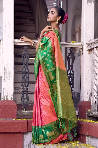 Coral soft silk woven saree with blouse