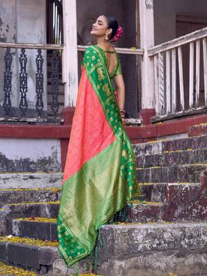 Coral soft silk woven saree with blouse 4