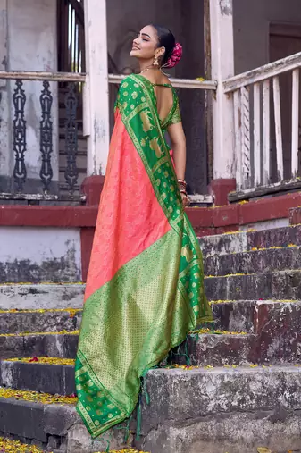 Coral soft silk woven saree with blouse