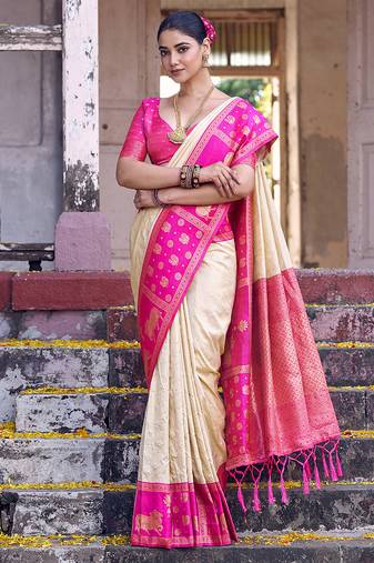 Cream soft silk woven saree with blouse