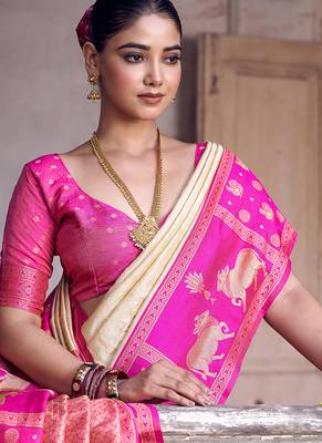 Cream soft silk woven saree with blouse 2