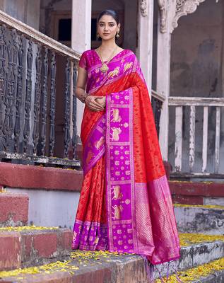 Red soft silk woven saree with blouse 1
