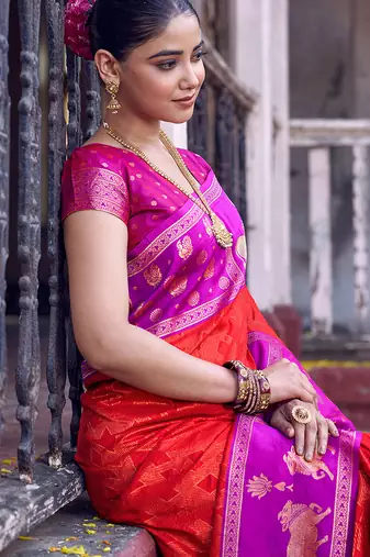 Red soft silk woven saree with blouse