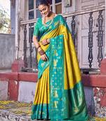 Yellow soft silk woven saree with blouse