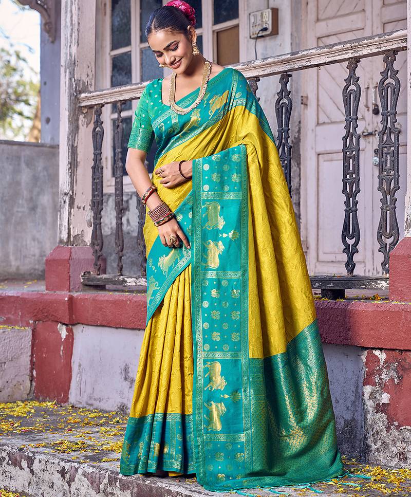 Yellow soft silk woven saree with blouse