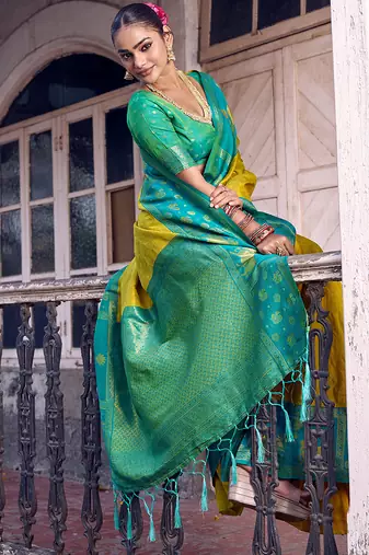 Yellow soft silk woven saree with blouse