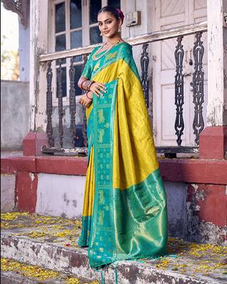 Yellow soft silk woven saree with blouse 4