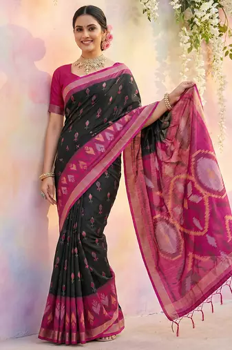 Black soft silk printed saree with blouse