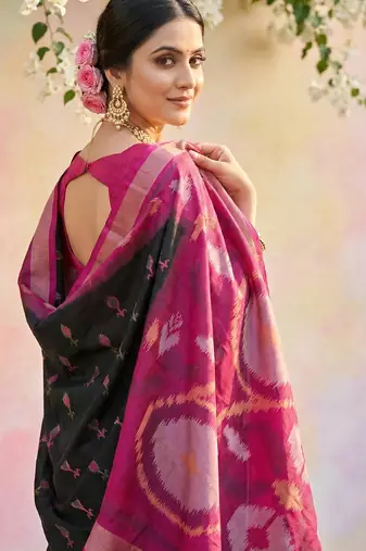 Black soft silk printed saree with blouse