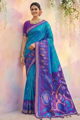 Blue soft silk printed saree with blouse