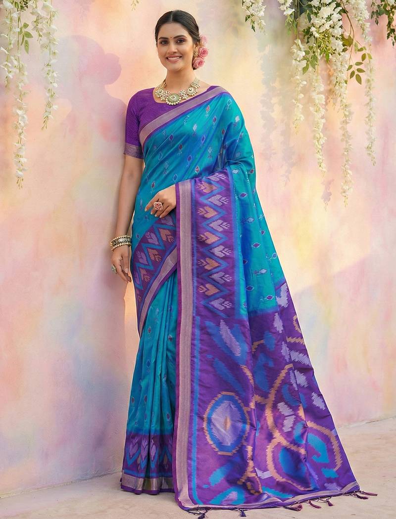 Blue soft silk printed saree with blouse