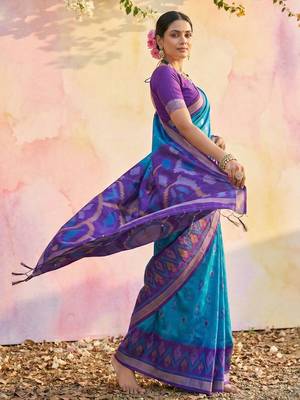Blue soft silk printed saree with blouse 3