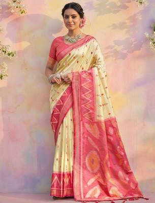 Cream soft silk printed saree with blouse 1