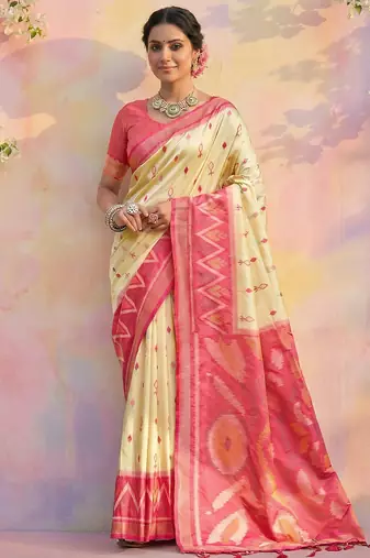 Cream soft silk printed saree with blouse
