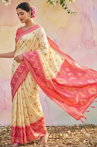 Cream soft silk printed saree with blouse