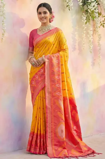 Yellow soft silk printed saree with blouse