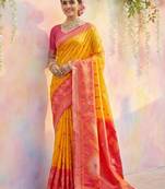 Yellow soft silk printed saree with blouse