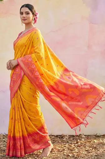 Yellow soft silk printed saree with blouse