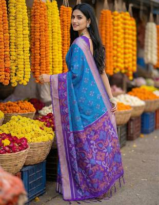 Blue pochampally silk woven saree with blouse 3