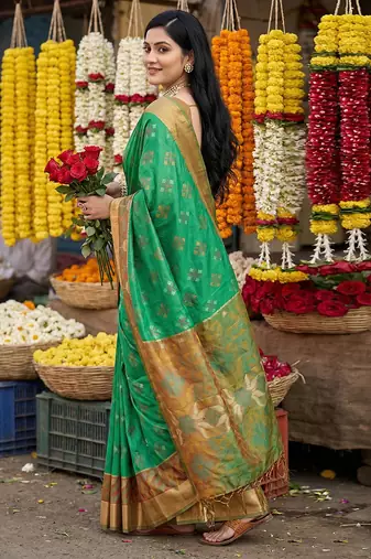 Green pochampally silk woven saree with blouse