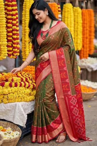 Mehendi pochampally silk woven saree with blouse