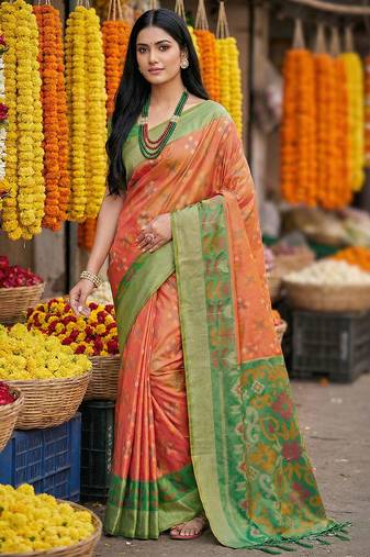 Orange pochampally silk woven saree with blouse