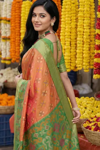 Orange pochampally silk woven saree with blouse