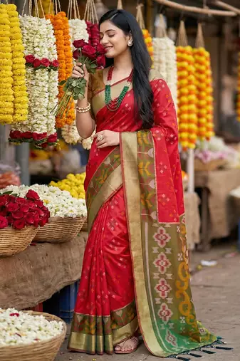 Red pochampally silk woven saree with blouse