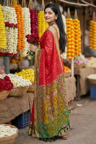 Red pochampally silk woven saree with blouse