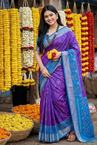 Violet pochampally silk woven saree with blouse