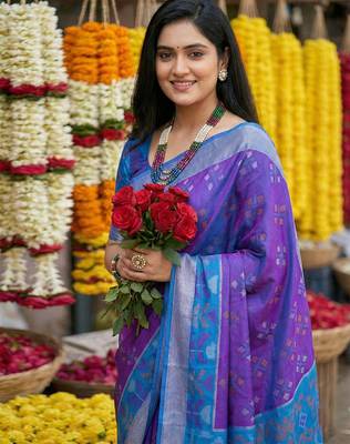 Violet pochampally silk woven saree with blouse 2