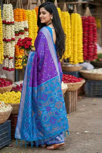 Violet pochampally silk woven saree with blouse